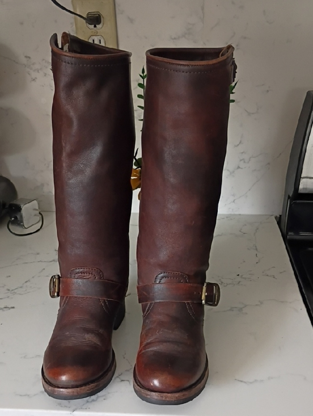 Frye Veronica Brown Leather Riding Boots with Embossed Heel